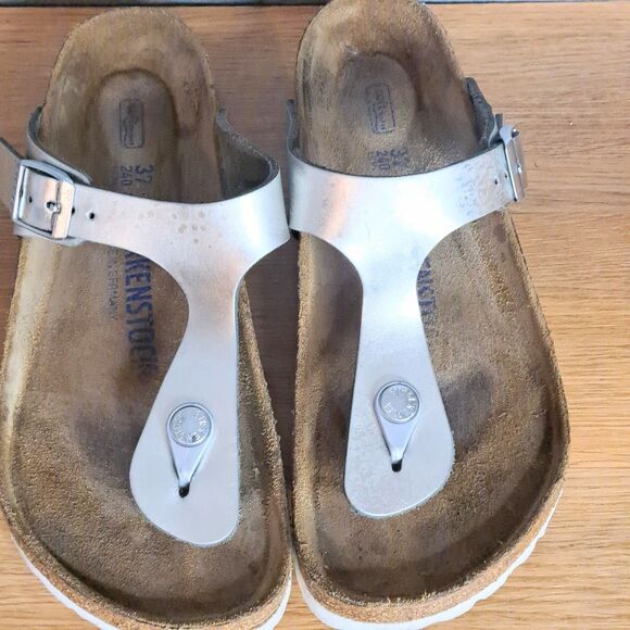 Birkenstock Gizeh Women 37 6 6.5 Silver Birko-Flor Thong Sandals Vegan Leather - Picture 9 of 11